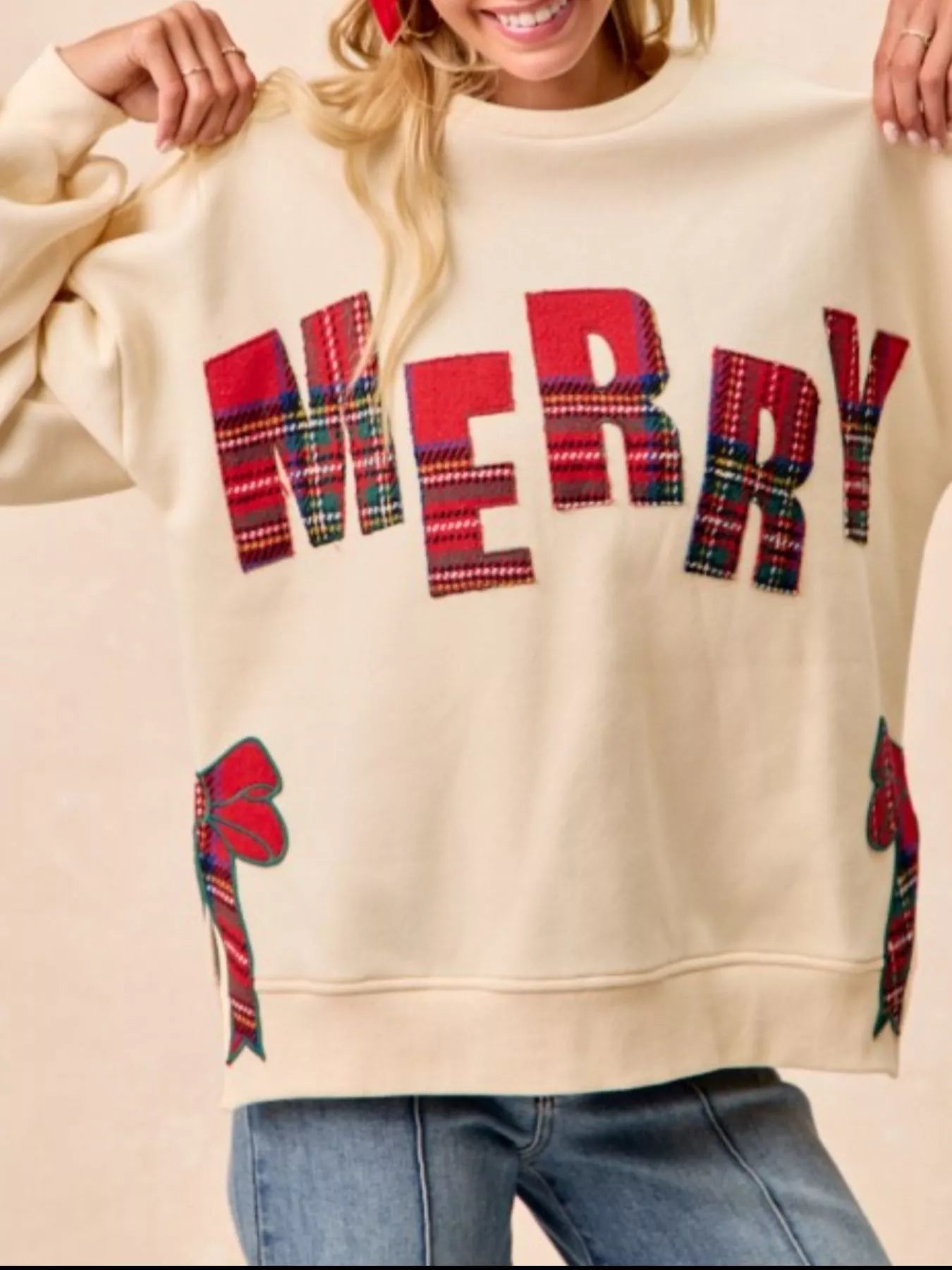 Festive Bow Slit Crew Neck Christmas Sweatshirt