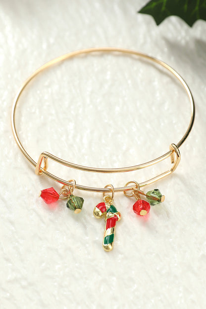 Gold Beaded Pendant Bracelet with Christmas Candy Cane Design