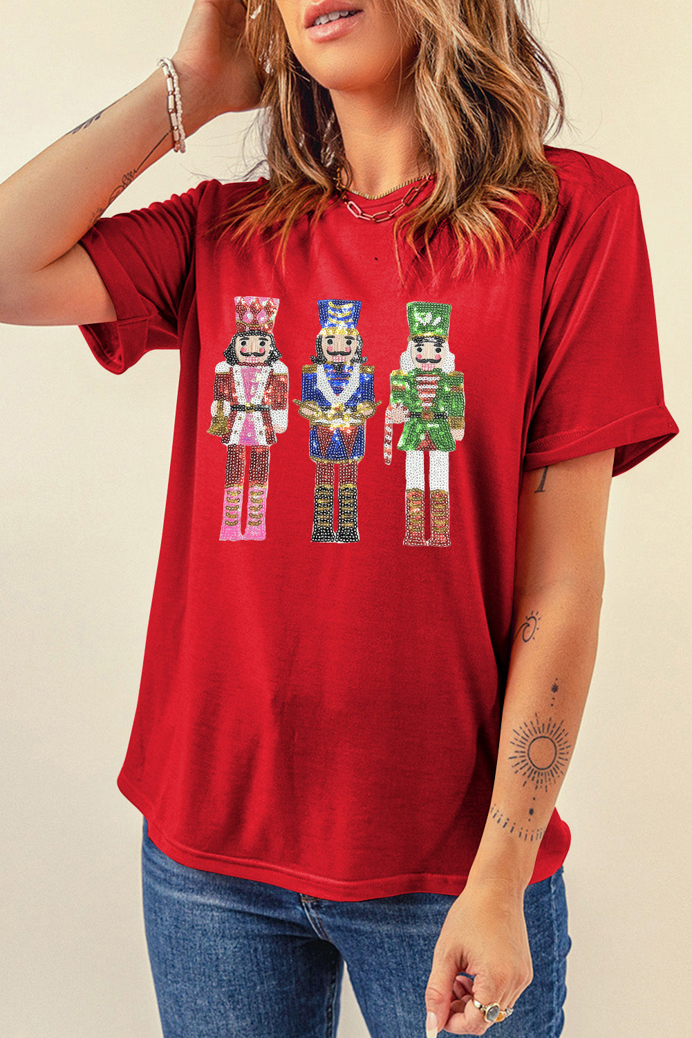 Red Sequined Nutcracker Graphic Cuffed Short Sleeve Christmas T-Shirt