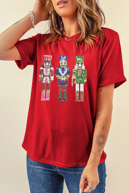 Red Sequined Nutcracker Graphic Cuffed Short Sleeve Christmas T-Shirt