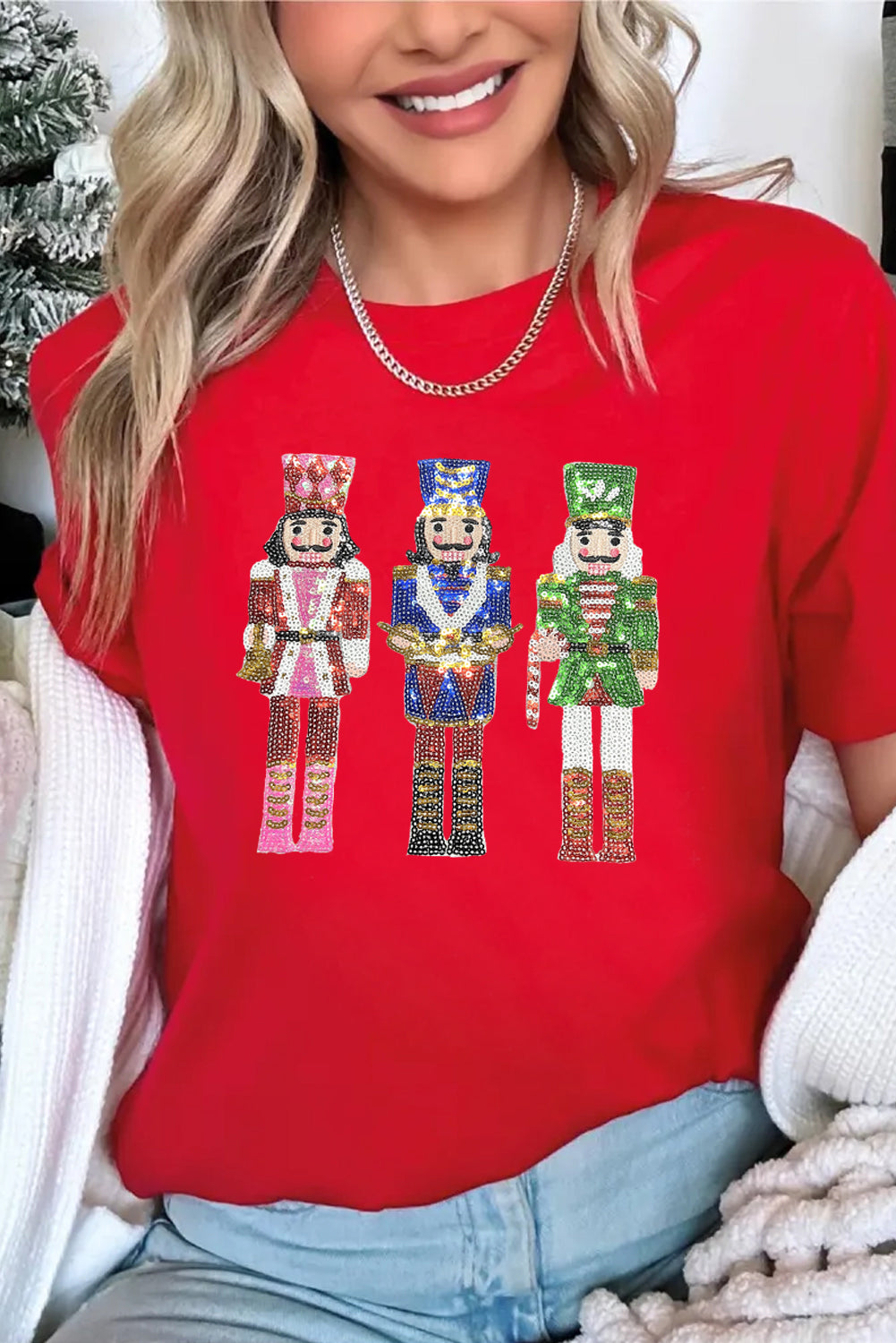 Red Sequined Nutcracker Graphic Cuffed Short Sleeve Christmas T-Shirt