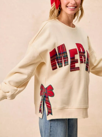 Festive Bow Slit Crew Neck Christmas Sweatshirt