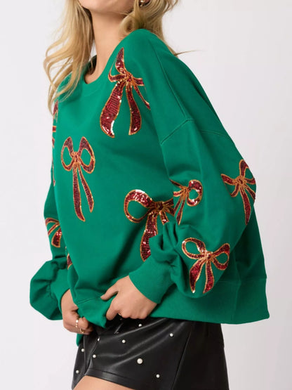 Round Neck Sweatshirt with Christmas Sequin Bow