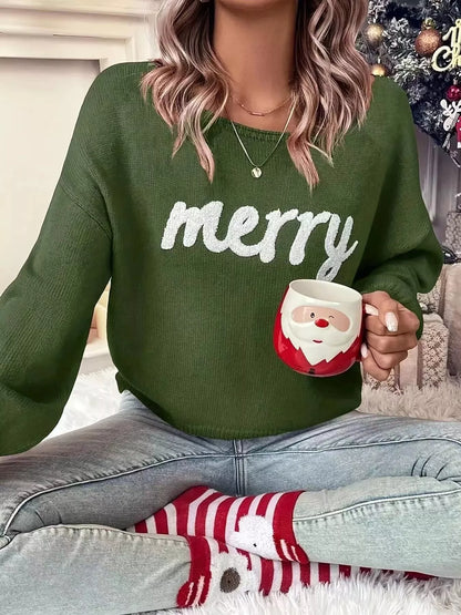 Festive Round Neck Christmas Sweater with Dropped Shoulders