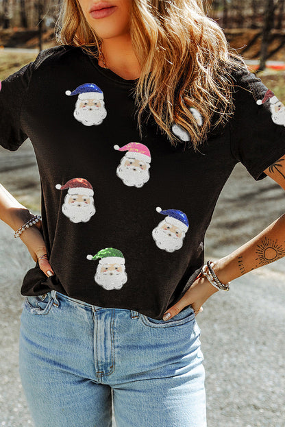 Black Graphic T-Shirt with Sequin Patched Santa Claus Design