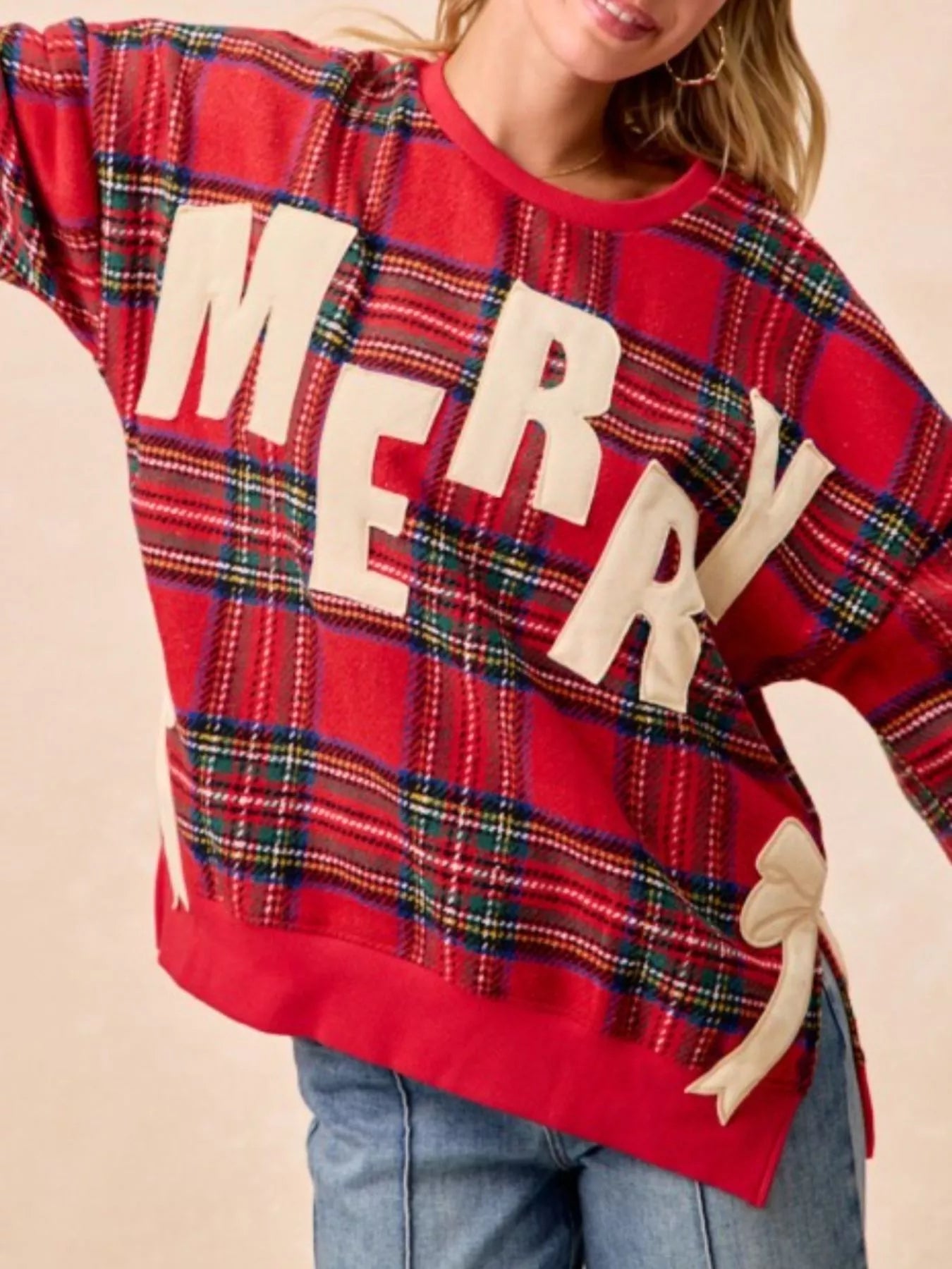 Festive Bow Slit Crew Neck Christmas Sweatshirt