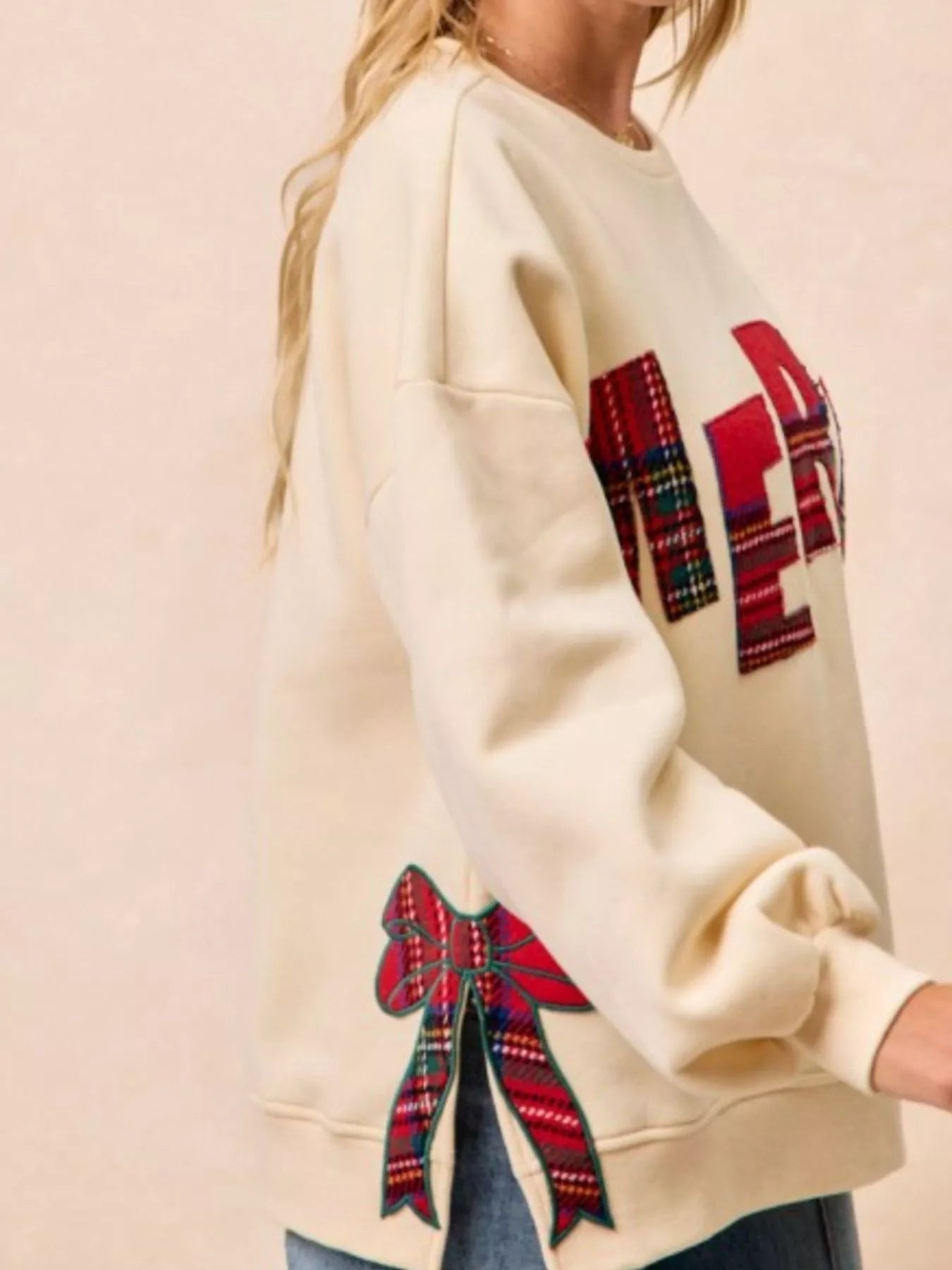 Festive Bow Slit Crew Neck Christmas Sweatshirt