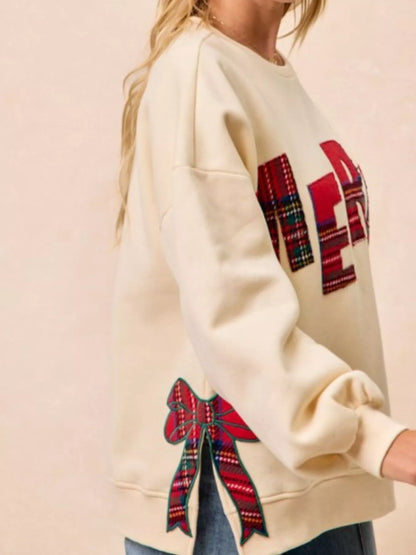Festive Bow Slit Crew Neck Christmas Sweatshirt