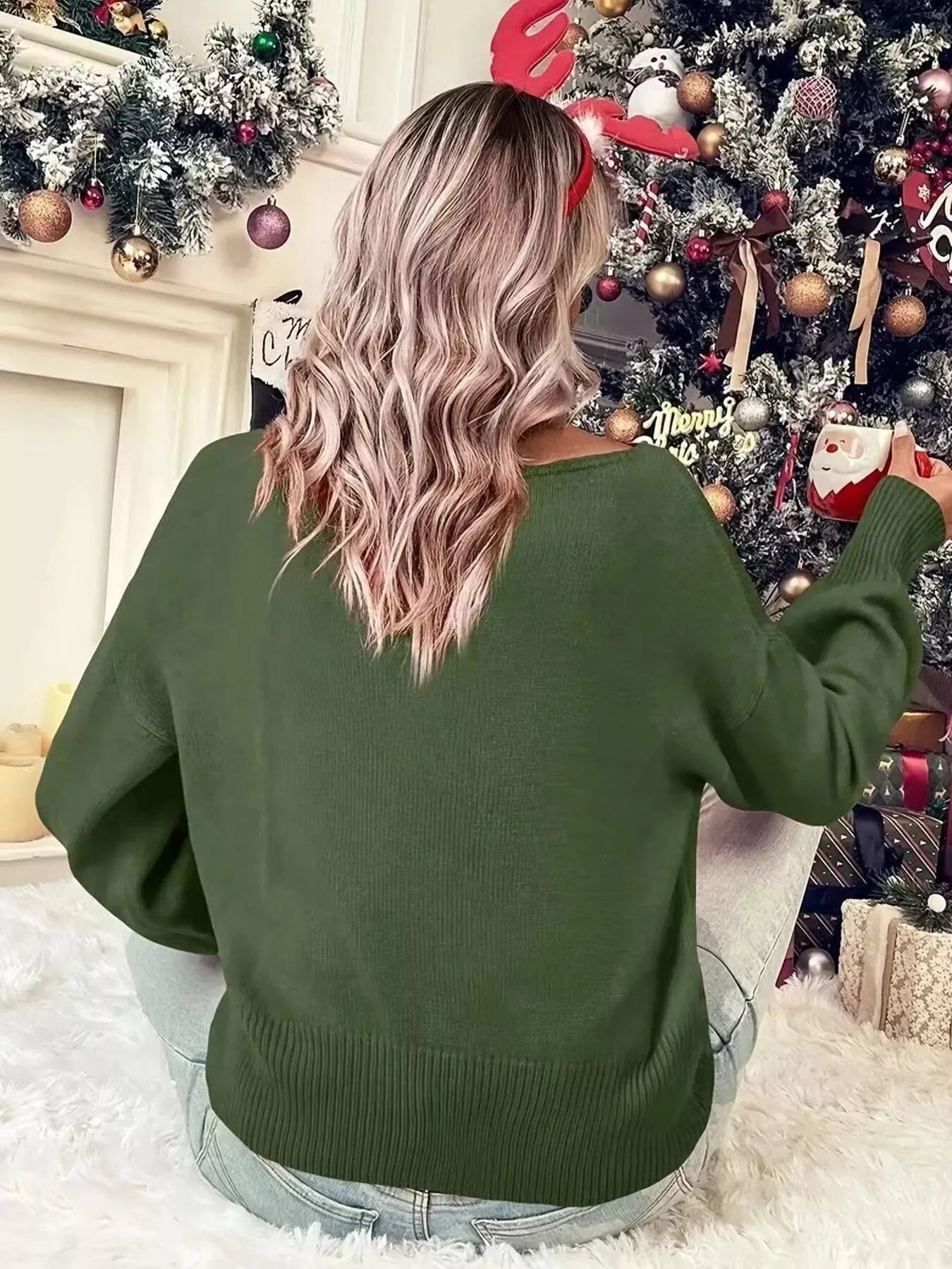 Festive Round Neck Christmas Sweater with Dropped Shoulders