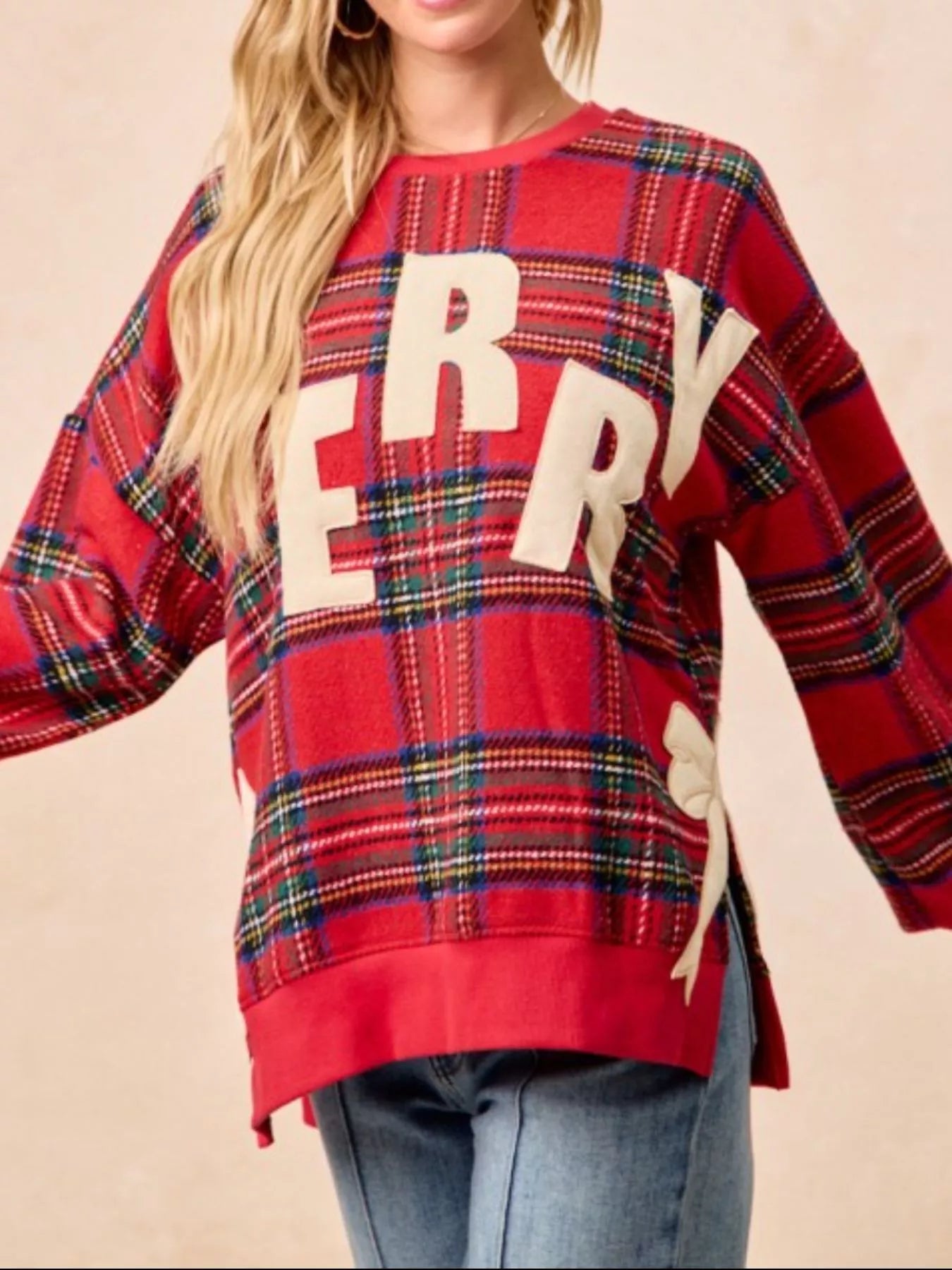 Festive Bow Slit Crew Neck Christmas Sweatshirt