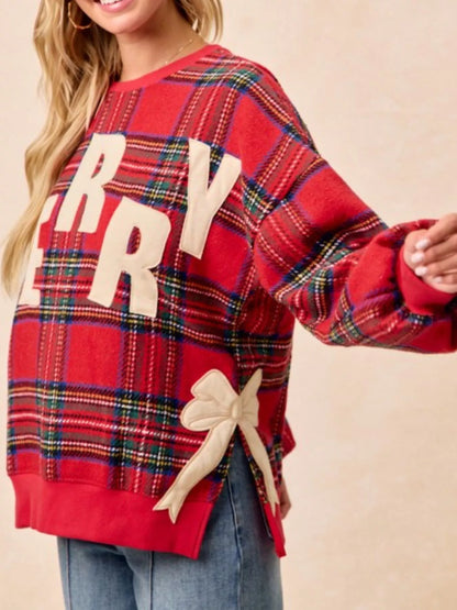 Festive Bow Slit Crew Neck Christmas Sweatshirt