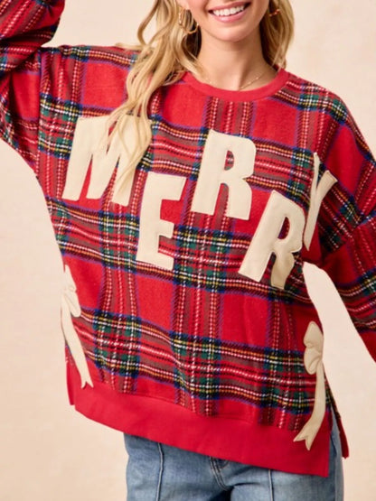 Festive Bow Slit Crew Neck Christmas Sweatshirt