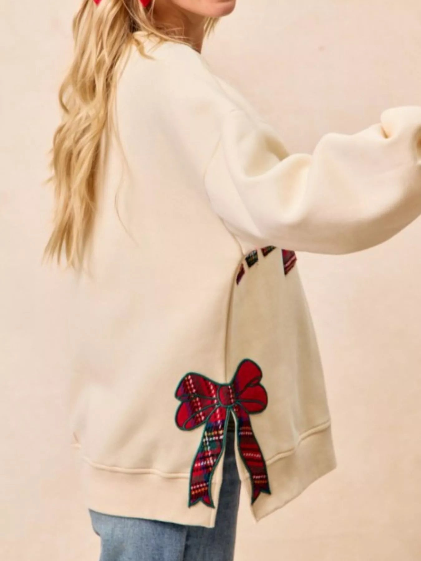 Festive Bow Slit Crew Neck Christmas Sweatshirt