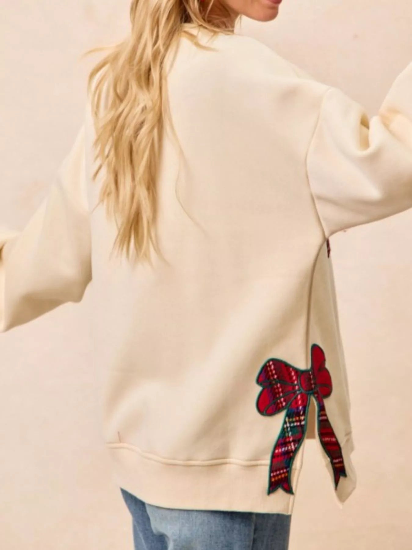 Festive Bow Slit Crew Neck Christmas Sweatshirt