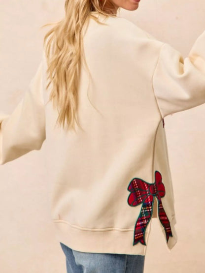 Festive Bow Slit Crew Neck Christmas Sweatshirt
