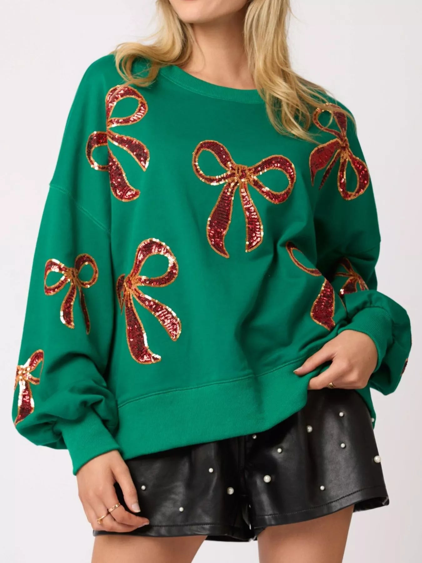 Round Neck Sweatshirt with Christmas Sequin Bow