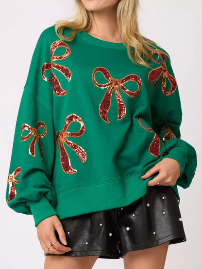 Round Neck Sweatshirt with Christmas Sequin Bow