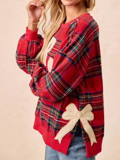 Festive Bow Slit Crew Neck Christmas Sweatshirt