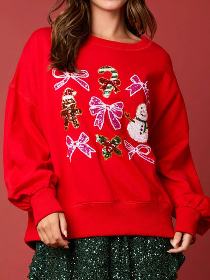 Round Neck Sweatshirt with Christmas Sequin Bow