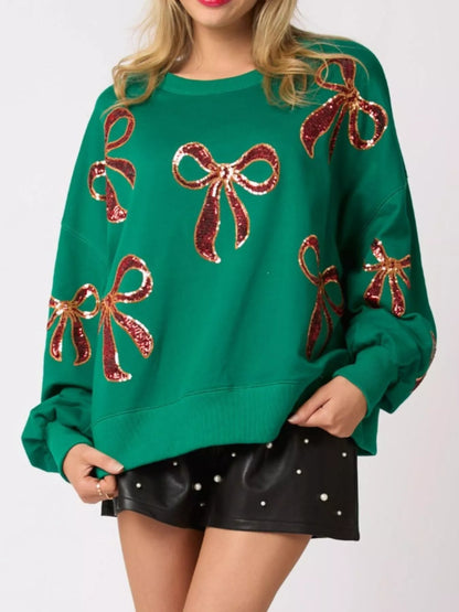 Round Neck Sweatshirt with Christmas Sequin Bow