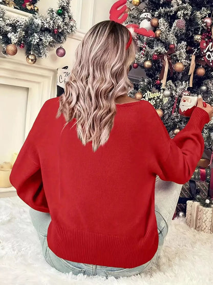 Festive Round Neck Christmas Sweater with Dropped Shoulders