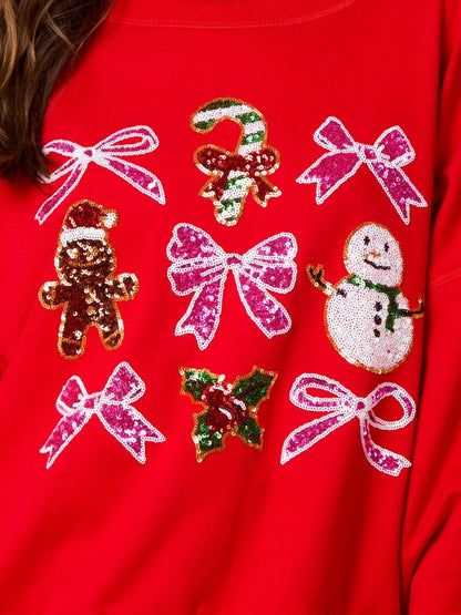 Round Neck Sweatshirt with Christmas Sequin Bow