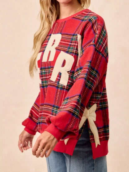 Festive Bow Slit Crew Neck Christmas Sweatshirt