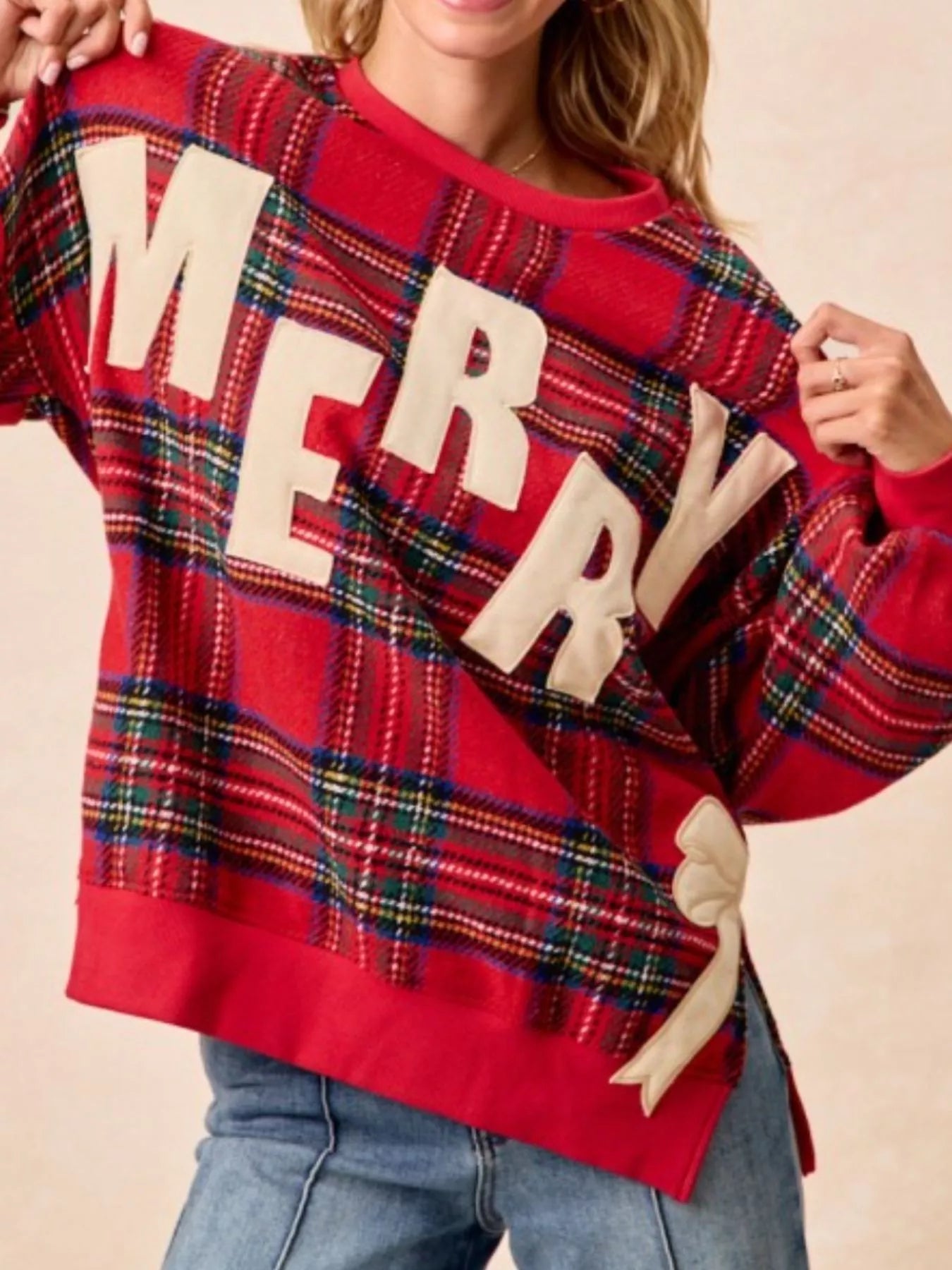 Festive Bow Slit Crew Neck Christmas Sweatshirt