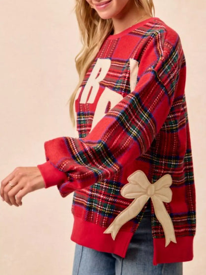 Festive Bow Slit Crew Neck Christmas Sweatshirt