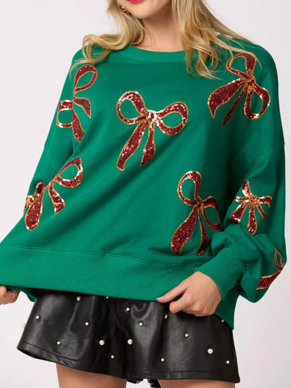 Round Neck Sweatshirt with Christmas Sequin Bow