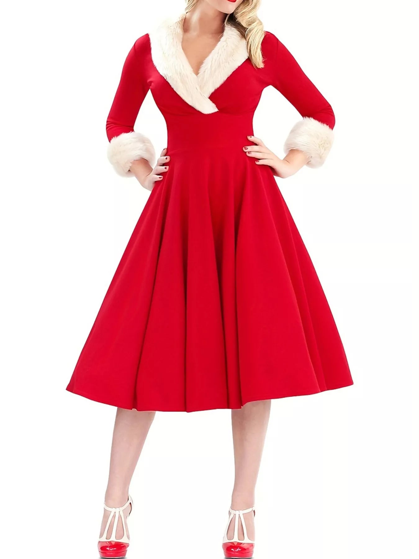 Bella's Festive Faux Fur Trim Holiday Dress