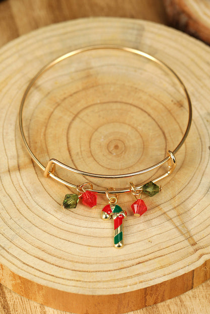 Gold Beaded Pendant Bracelet with Christmas Candy Cane Design