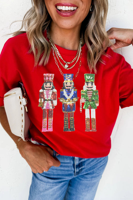 Red Sequined Nutcracker Graphic Cuffed Short Sleeve Christmas T-Shirt