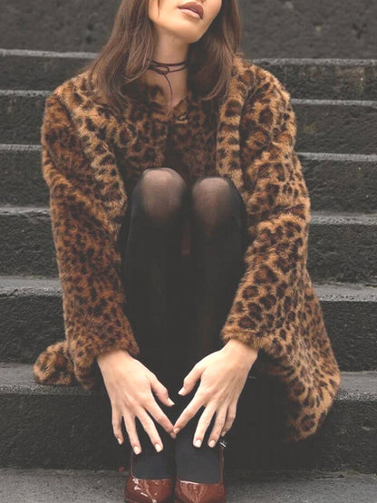 Leopard Print Long Jacket Women Faux Fur Winter Coat
