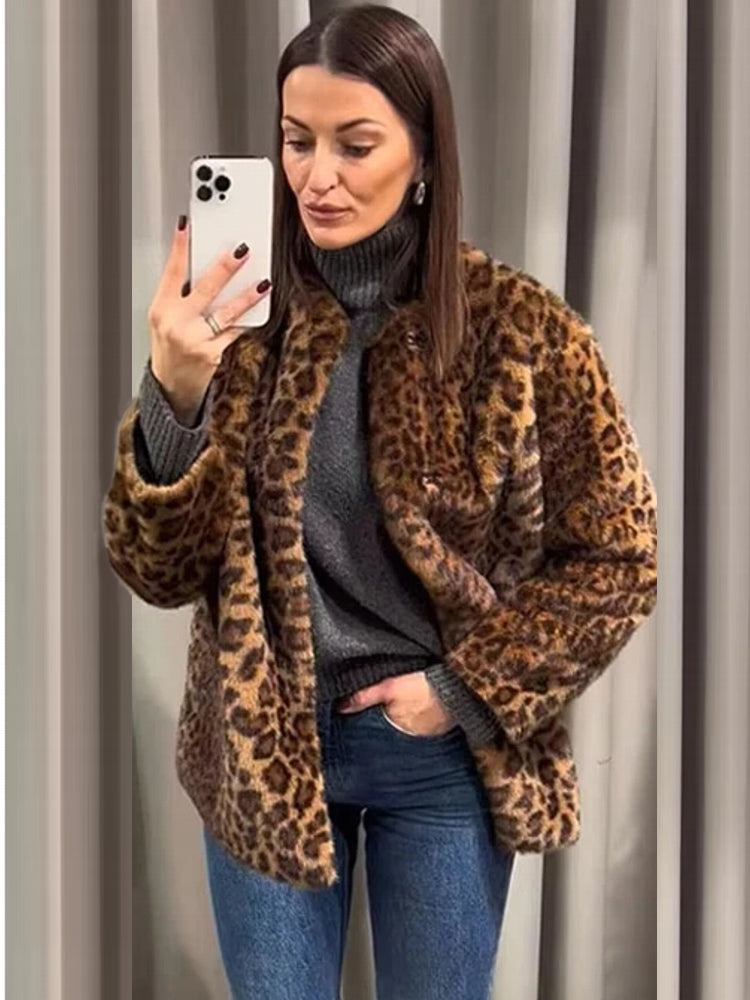Leopard Print Long Jacket Women Faux Fur Winter Coat