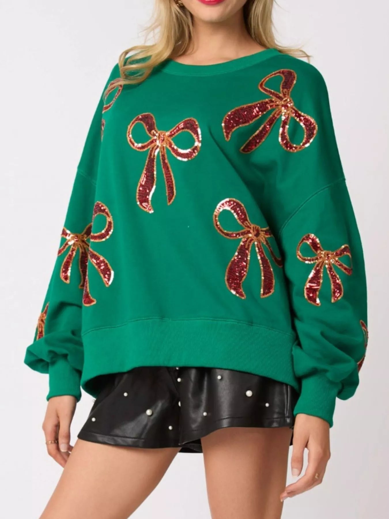 Round Neck Sweatshirt with Christmas Sequin Bow