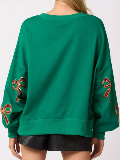 Round Neck Sweatshirt with Christmas Sequin Bow