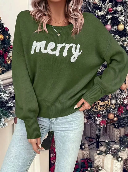 Festive Round Neck Christmas Sweater with Dropped Shoulders