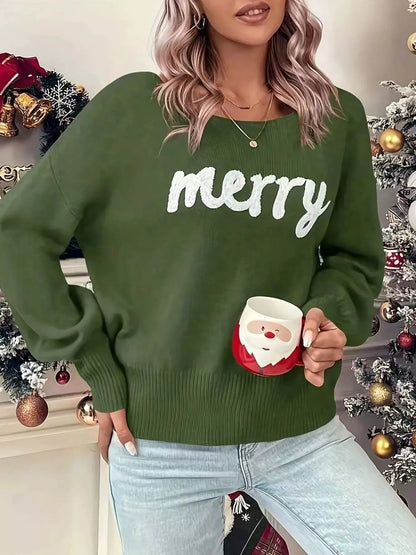 Festive Round Neck Christmas Sweater with Dropped Shoulders