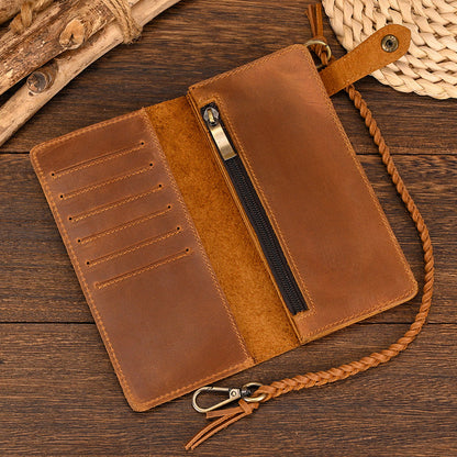 Chic Leather Long Wallet Featuring Braided Strap