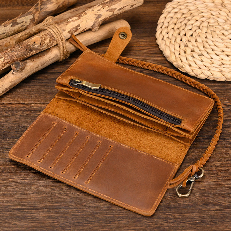 Chic Leather Long Wallet Featuring Braided Strap