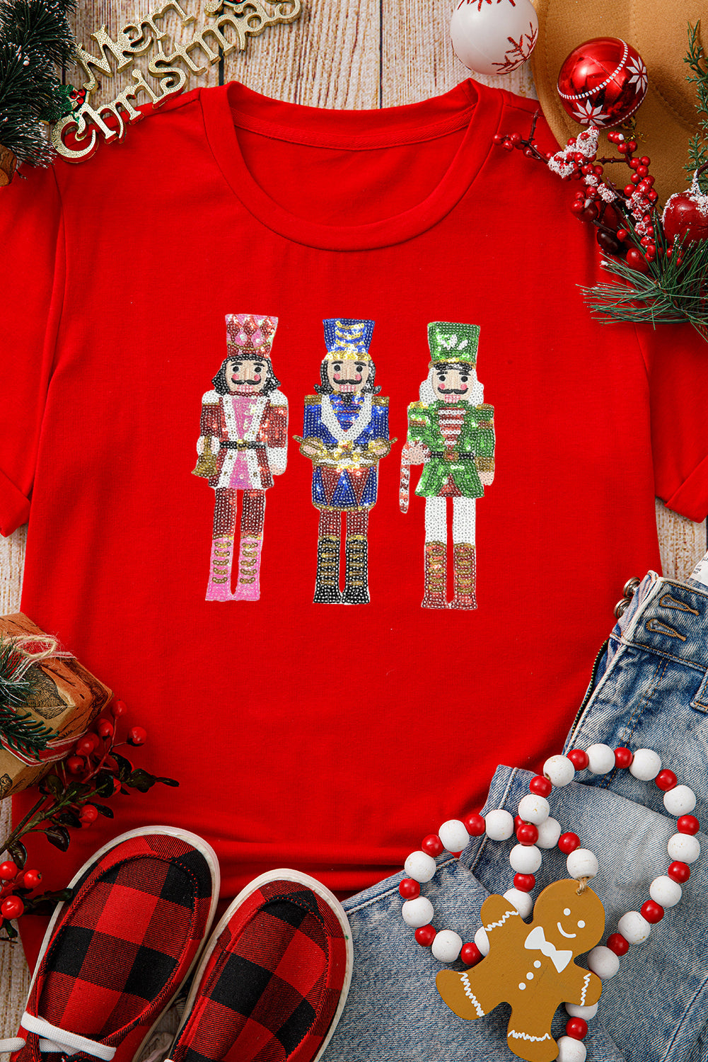 Red Sequined Nutcracker Graphic Cuffed Short Sleeve Christmas T-Shirt