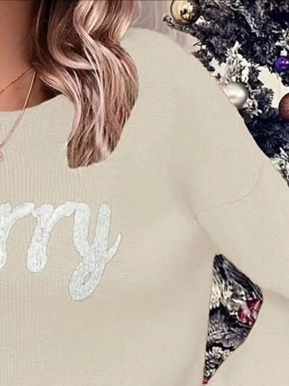 Festive Round Neck Christmas Sweater with Dropped Shoulders