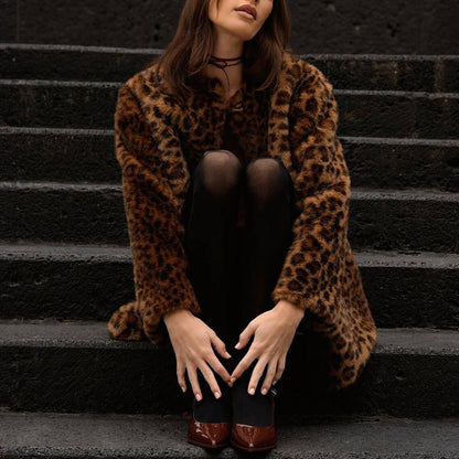 Leopard Print Long Jacket Women Faux Fur Winter Coat