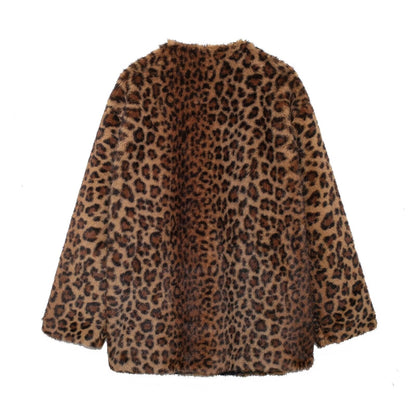 Leopard Print Long Jacket Women Faux Fur Winter Coat