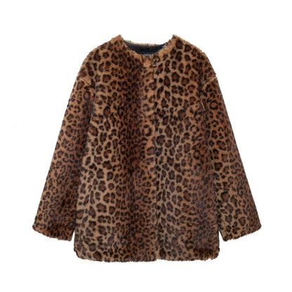 Leopard Print Long Jacket Women Faux Fur Winter Coat
